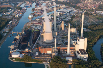 Oblique view of ENBW power plant on the Rhine in the district Daxlanden in Karlsruhe in the state Baden-Wuerttemberg, Germany