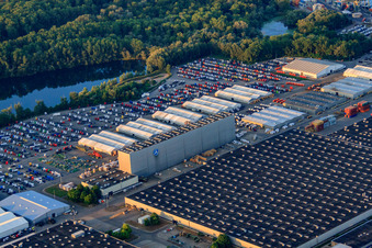 Aerial view of Mercedes-Benz Trucks stored at the Wörth automobile plant in Wörth am Rhein in the state Rhineland-Palatinate, Germany