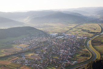 Aerial view of Village on the banks of the area Kinzig - river course in Biberach in the state Baden-Wurttemberg