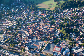 Aerial view of Old Town area and city center in Haslach im Kinzigtal in the state Baden-Wurttemberg, Germany