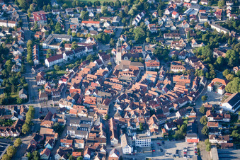 Aerial photograpy of Old Town area and city center in Haslach im Kinzigtal in the state Baden-Wurttemberg, Germany