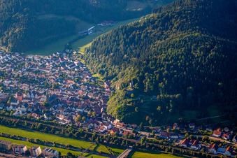 Village on the river bank areas of the Kinzig river in Hausach in the state Baden-Wurttemberg, Germany