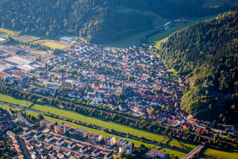 Aerial view of Village on the river bank areas of the Kinzig river in Hausach in the state Baden-Wurttemberg, Germany