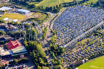 Parking lot of Europapark Rust in front of the Poseidon water coaster in Rust in the state Baden-Wuerttemberg, Germany