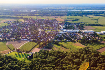 View of the town from the east with RMA Rheinau GmbH & Co. KG in the district Rheinbischofsheim in Rheinau in the state Baden-Wuerttemberg, Germany