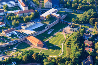 Aerial view of City Park Fronte Lamotte with Weissenburg Gate building and moat defense building in Germersheim in the state Rhineland-Palatinate, Germany