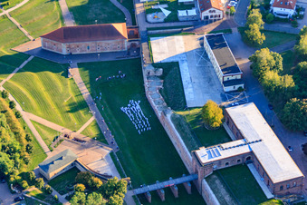 Aerial photograpy of City Park Fronte Lamotte with Weissenburg Gate building and moat defense building in Germersheim in the state Rhineland-Palatinate, Germany