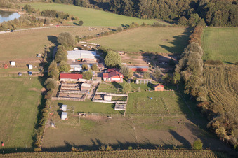 Aerial view of Stork Farm in the district Rußheim in Dettenheim in the state Baden-Wuerttemberg, Germany
