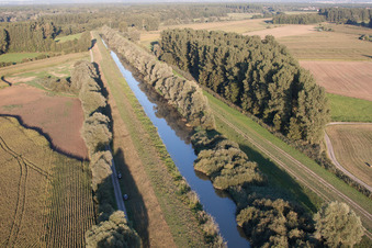 Channel flow and river banks of Saalbach canal in Dettenheim in the state Baden-Wurttemberg