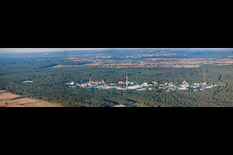 Aerial view of Panorama of KIT North from the west (former Karlsruhe Nuclear Research Center) in the district Leopoldshafen in Eggenstein-Leopoldshafen in the state Baden-Wuerttemberg, Germany