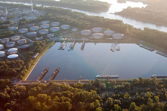 Aerial photograpy of Oil port in the district Knielingen in Karlsruhe in the state Baden-Wuerttemberg, Germany