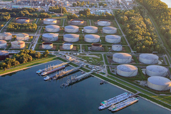 Tanker berth in the oil port on the Rhine in the district Knielingen in Karlsruhe in the state Baden-Wuerttemberg, Germany