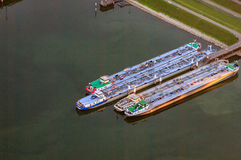 Aerial view of Tanker berth in the oil port on the Rhine in the district Knielingen in Karlsruhe in the state Baden-Wuerttemberg, Germany
