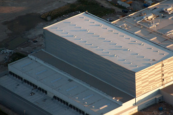 Oberwald industrial area in Wörth am Rhein in the state Rhineland-Palatinate, Germany from a drone