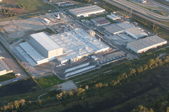 Oblique view of Oberwald industrial area in Wörth am Rhein in the state Rhineland-Palatinate, Germany