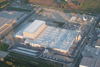 Oberwald industrial area in Wörth am Rhein in the state Rhineland-Palatinate, Germany seen from above