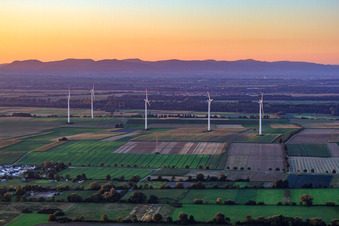 Aerial view of Wind farm Minfeld from the south in Minfeld in the state Rhineland-Palatinate, Germany