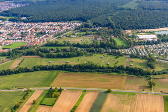Aerial view of Mhou ostrich farm at the leisure center in Rülzheim in the state Rhineland-Palatinate, Germany