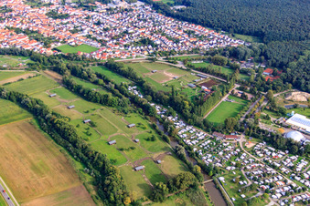 Aerial photograpy of Mhou ostrich farm at the leisure center in Rülzheim in the state Rhineland-Palatinate, Germany