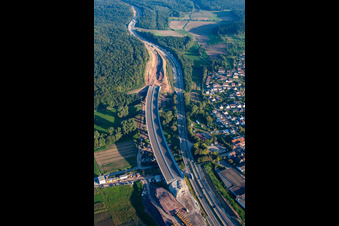Aerial view of Mutschelbach, A8 construction site in the district Nöttingen in Remchingen in the state Baden-Wuerttemberg, Germany