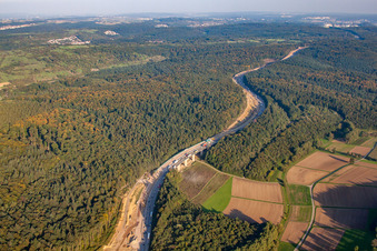 Oblique view of Mutschelbach, A8 construction site in the district Nöttingen in Remchingen in the state Baden-Wuerttemberg, Germany