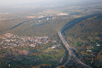 Aerial view of A6 motorway in the district Wolfartsweier in Karlsruhe in the state Baden-Wuerttemberg, Germany