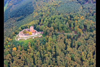 Aerial view of Ruins of Landeck Castle in Klingenmünster in the state Rhineland-Palatinate, Germany