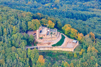 Drone image of Rietburg Castle Ruins in Rhodt unter Rietburg in the state Rhineland-Palatinate, Germany