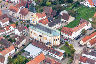 Aerial photograpy of Church building in the village of in Lingenfeld in the state Rhineland-Palatinate, Germany