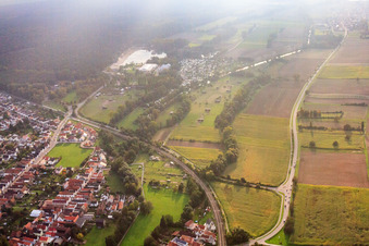 Oblique view of Mhou ostrich farm at the leisure center in Rülzheim in the state Rhineland-Palatinate, Germany