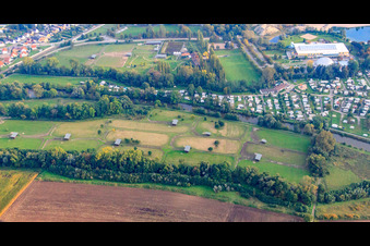 Mhou ostrich farm at the leisure center in Rülzheim in the state Rhineland-Palatinate, Germany from above