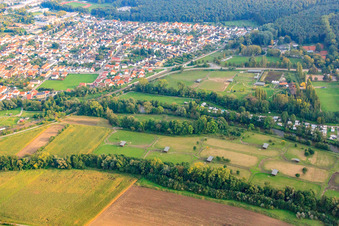 Mhou ostrich farm at the leisure center in Rülzheim in the state Rhineland-Palatinate, Germany out of the air