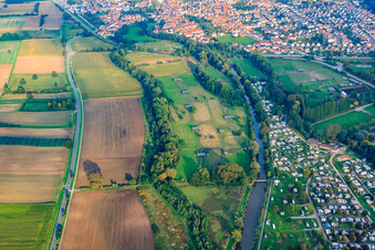 Mhou ostrich farm at the leisure center in Rülzheim in the state Rhineland-Palatinate, Germany seen from above