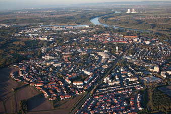 Aerial photograpy of City view on the river bank of the Rhine river in Germersheim in the state Rhineland-Palatinate, Germany