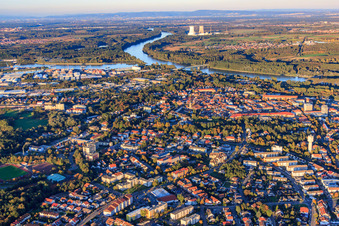 City overview to the Rhine from the southwest in Germersheim in the state Rhineland-Palatinate, Germany