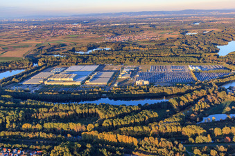 Mercedes-Benz Global Logistics Center on the island of Grün in Germersheim in the state Rhineland-Palatinate, Germany from the plane
