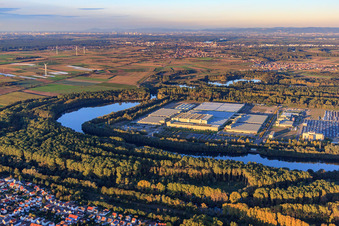 Mercedes-Benz Global Logistics Center on the island of Grün in Germersheim in the state Rhineland-Palatinate, Germany viewn from the air