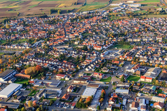 Aerial view of View of the town from the south in Rülzheim in the state Rhineland-Palatinate, Germany