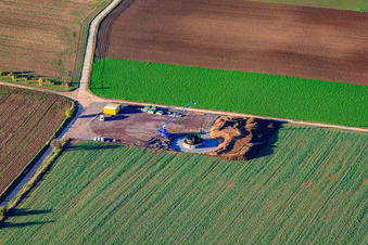 Aerial photograpy of Wind turbine foundations in Offenbach an der Queich in the state Rhineland-Palatinate, Germany