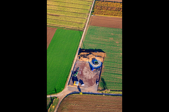 Oblique view of Wind turbine foundations in Offenbach an der Queich in the state Rhineland-Palatinate, Germany