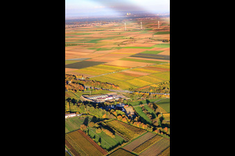 Aerial view of Geothermal power plant in front of wind farm in Insheim in the state Rhineland-Palatinate, Germany