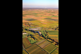 Aerial photograpy of Geothermal power plant in front of wind farm in Insheim in the state Rhineland-Palatinate, Germany