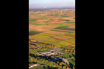 Oblique view of Geothermal power plant in front of wind farm in Insheim in the state Rhineland-Palatinate, Germany
