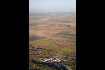 Thermal power plant in Insheim, then wind turbines in Offenbach and at the horizon the nuclear power plant of Philippsburg in the state Rhineland-Palatinate, Germany