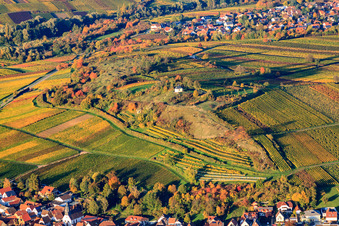 Nature reserve Kleine Kalmit above the wine-growing village in Ilbesheim bei Landau in the state Rhineland-Palatinate, Germany from above