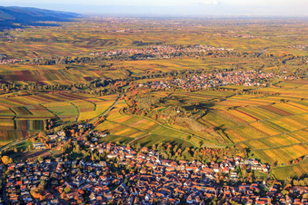 Nature reserve Kleine Kalmit above the wine-growing village in Ilbesheim bei Landau in the state Rhineland-Palatinate, Germany seen from above
