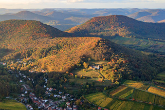 Aerial view of Wine-growing village with Slevogthof in Leinsweiler in the state Rhineland-Palatinate, Germany