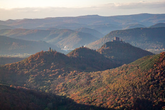 Oblique view of The 3 castles Trifels, Anebos and Münz in the district Bindersbach in Annweiler am Trifels in the state Rhineland-Palatinate, Germany