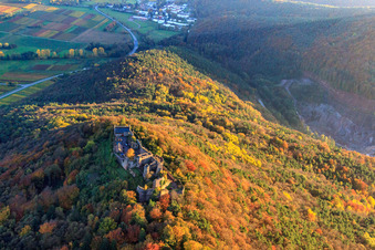 Aerial view of Madenburg castle ruins in the autumn-colored forest in Eschbach in the state Rhineland-Palatinate, Germany