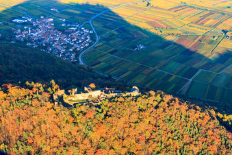 Madenburg castle ruins in the autumn-colored forest in Eschbach in the state Rhineland-Palatinate, Germany seen from above